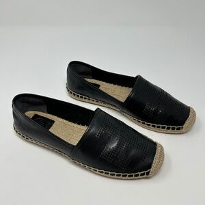 Tory Burch Black Perforated Logo Flat Leather Espadrilles Size 7 Preppy ~ Vacay!
